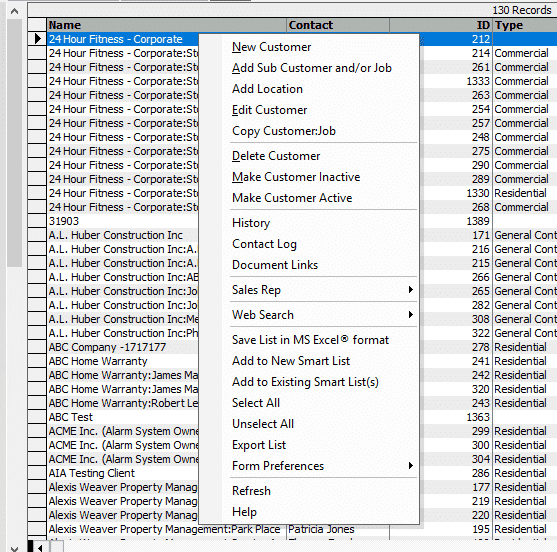 Customer:Job Menu List
