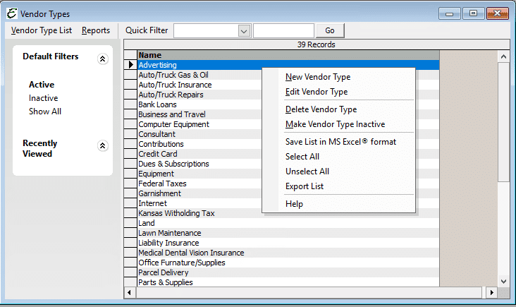 Vendor Type List Pop-Up Menu