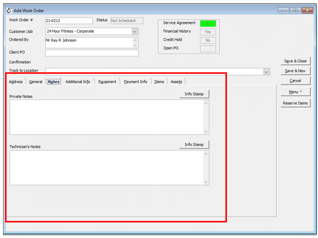 Work Order - Notes Tab