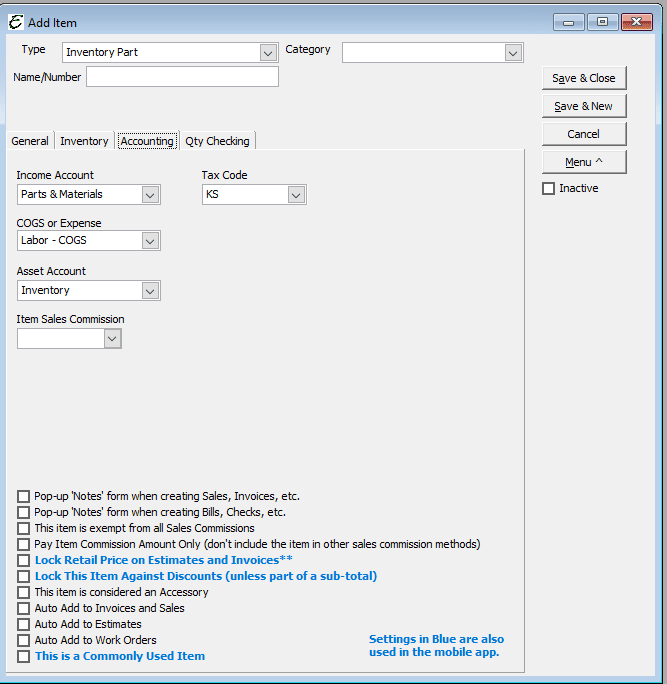 Inventory Part - Accounting Tab