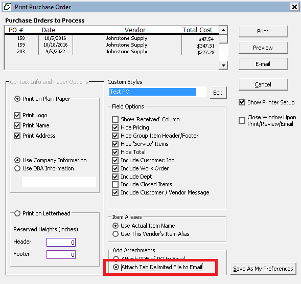 Purchase Order with Attachment Screen Shot