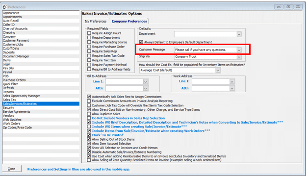 Company Preference - Customer/Vendor Message