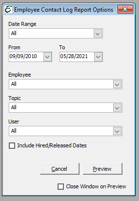 Employee Contact Log Report Options