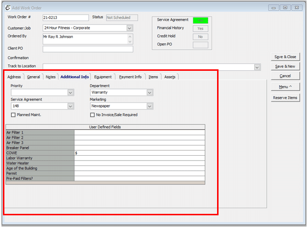 Work Order - Additional Info Tab
