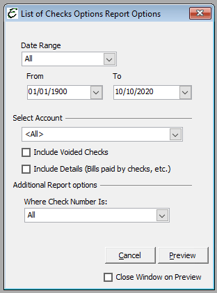 List of Checks Report Options