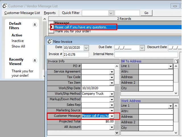 Message on Sales Form