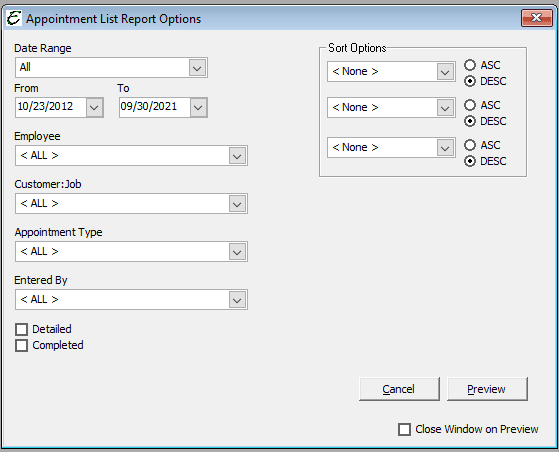 Appointment List Report Options