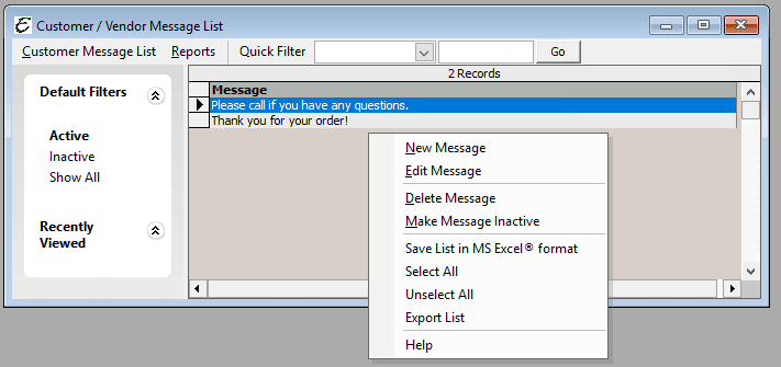 Customer/Vendor Pop-Up Menu