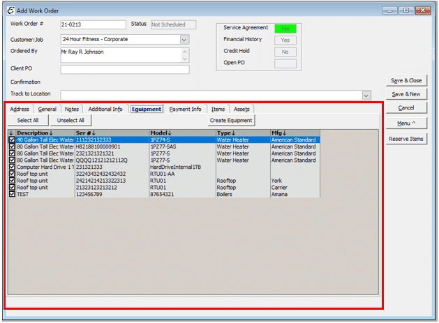 Work Order - Equipment Tab